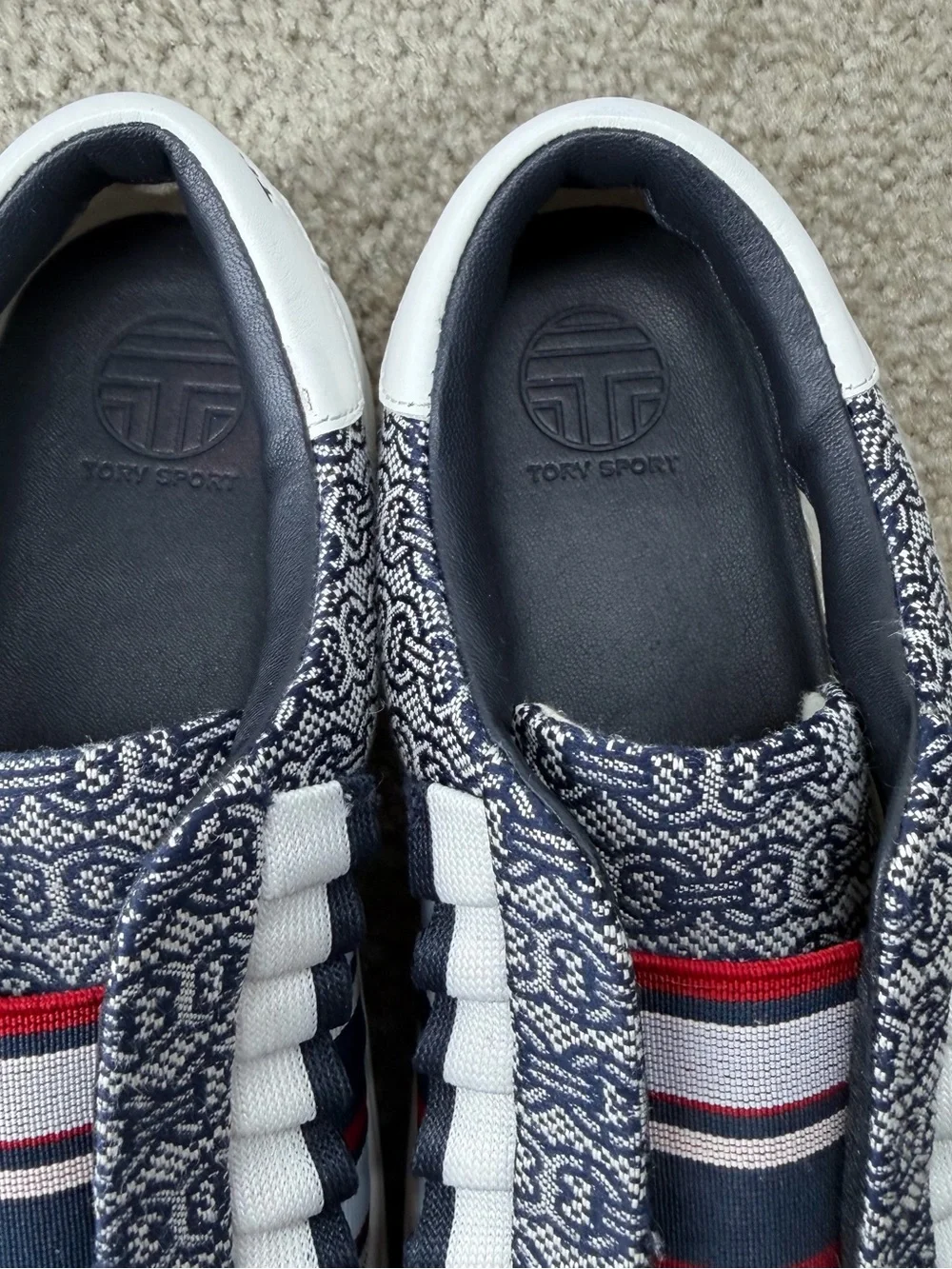 Tory Burch Navy, White & Red Patterned Slip-On Sneakers